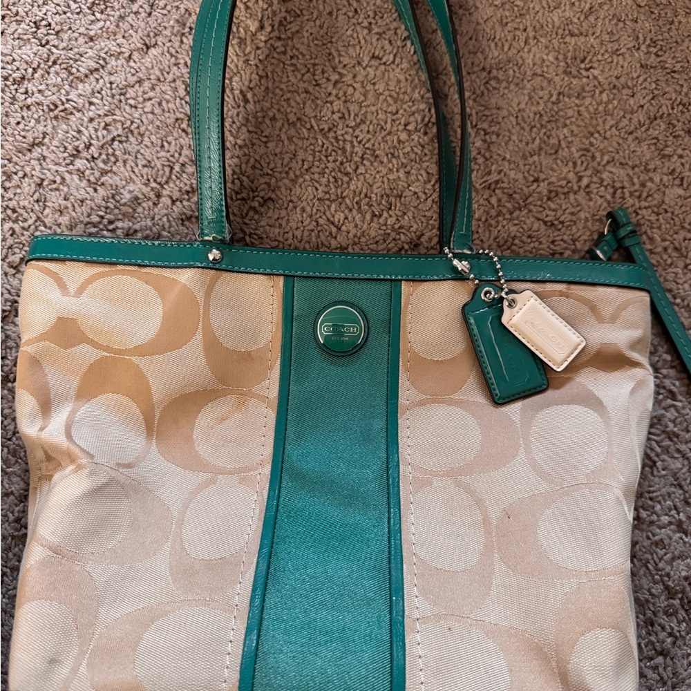 Coach Tan and Green Signature Tote Bag and wallet